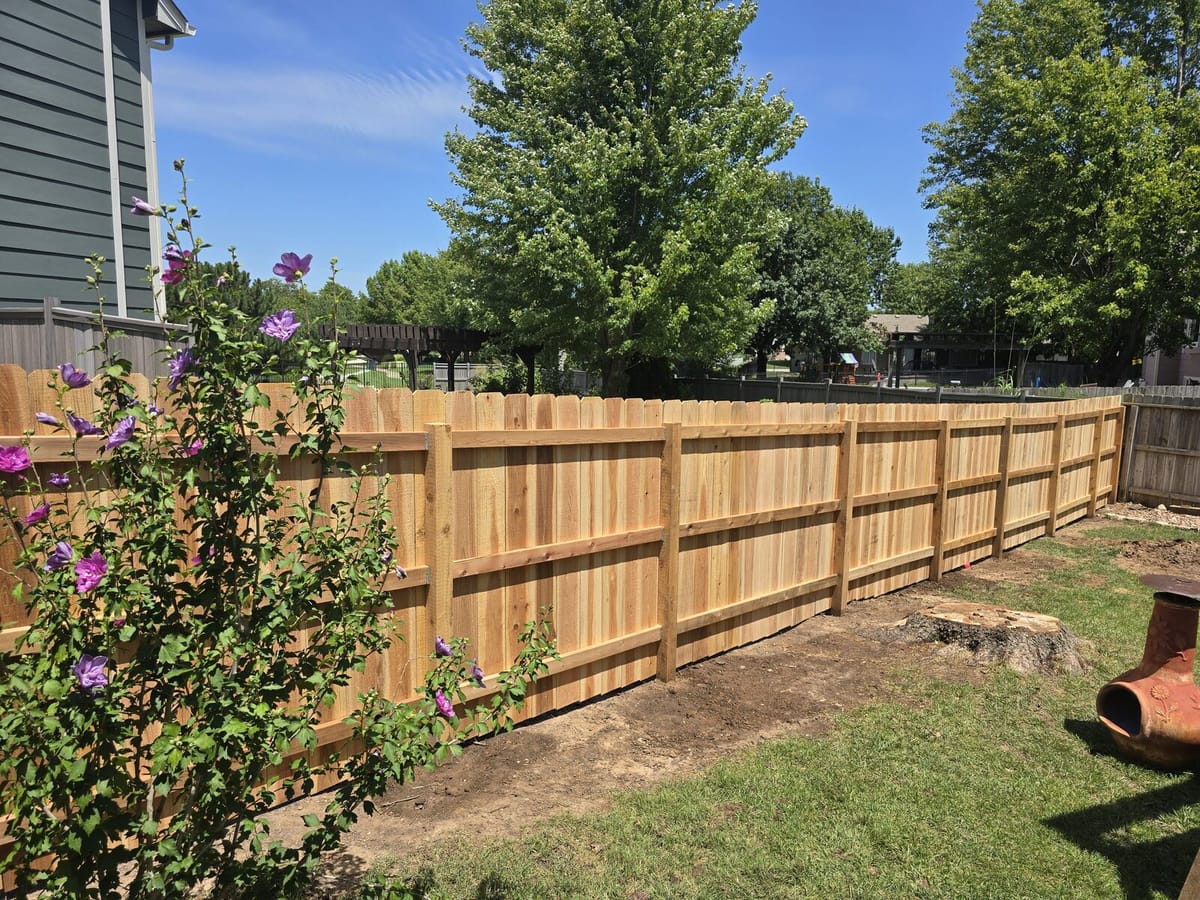 Board-on-board cedar privacy fence with hibiscus flowers in a Wichita backyard